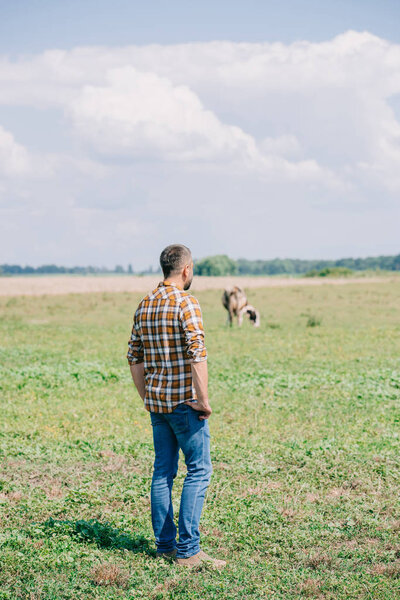 back view of mid adult farmer in checkered shirt standing and looking at field