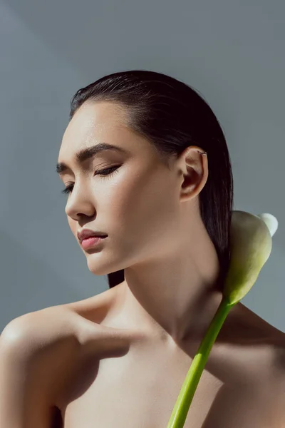 Tender Asian Girl Closed Eyes Holding Calla Flower Isolated Grey — Stock Photo, Image