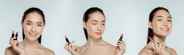 Collage Beautiful Asian Girl Holding Lipsticks Isolated Grey — Stock Photo, Image