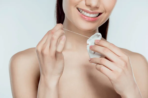 Cropped View Smiling Woman Holding Dental Floss Isolated Grey — Stock Photo, Image