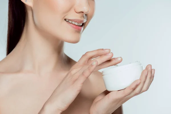 Cropped View Woman Applying Face Cream Isolated Grey — Stock Photo, Image