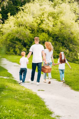 arkadan aile piknik sepeti birlikte parkta yürüyüş ile görünüşü