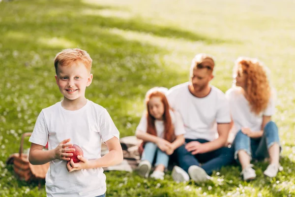 Adorable Boy Holding Apple Smiling Camera While Spending Time Family — Stock Photo, Image