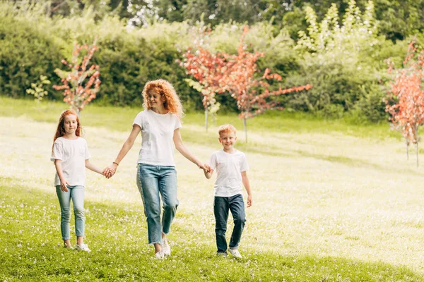 Madre Feliz Con Dos Niños Tomados Mano Caminando Parque —  Fotos de Stock