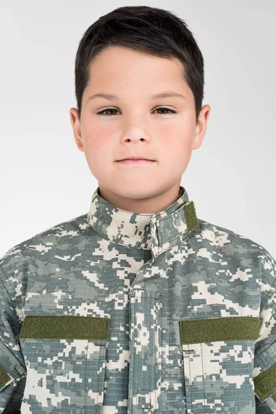 Portrait Little Kid Military Uniform Looking Camera Grey Background — Free Stock Photo