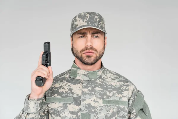 Portrait Male Soldier Military Uniform Holding Gun Isolated Grey — Free Stock Photo