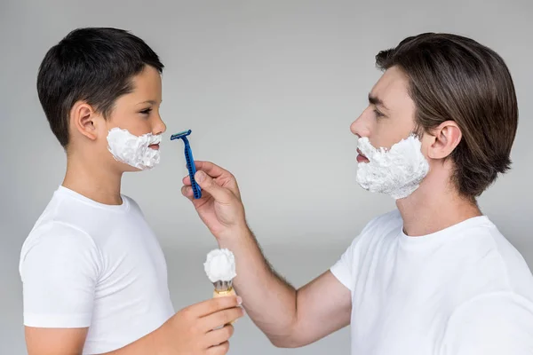 Side View Father Razor Hand Son Shaving Foam Faces Grey — Stock Photo, Image