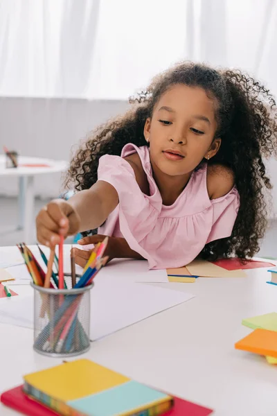 Portrait African American Kid Taking Pencil While Drawing Colorful Picture — Stock Photo, Image