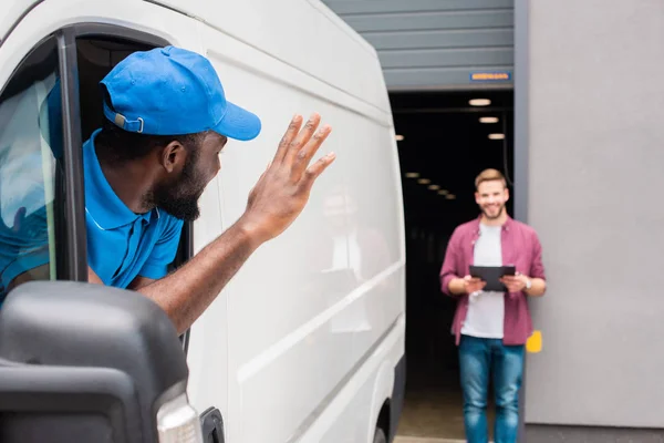 African American Courier Waving Hand Client — Stock Photo, Image