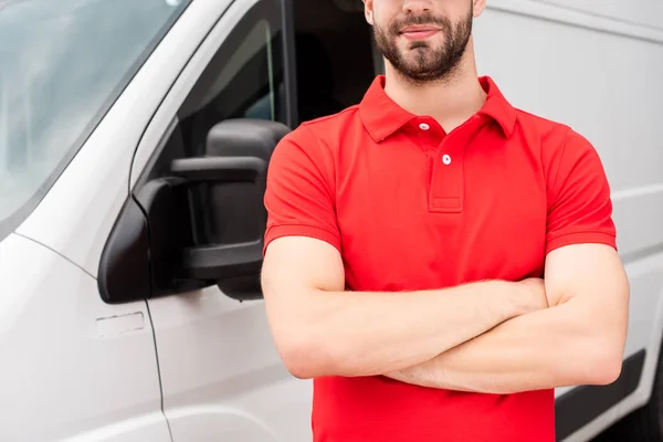 Cropped Shot Delivery Man Red Uniform Arms Crossed Standing Van — Stock Photo, Image