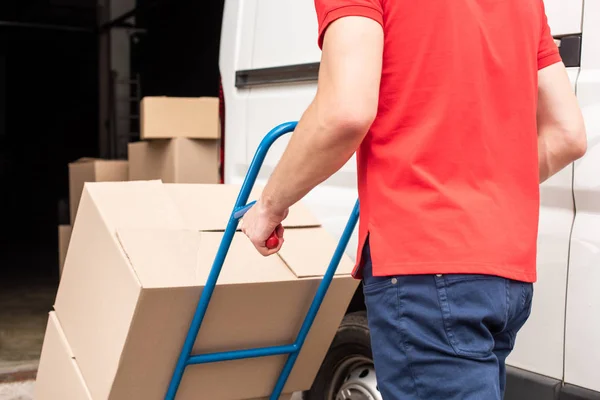 Cropped Shot Delivery Man Cardboard Boxes Delivery Cart — Stock Photo, Image