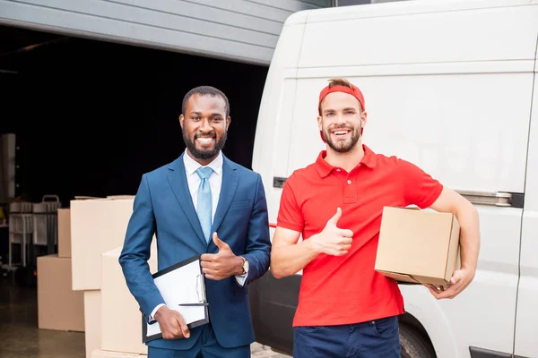 Portrait Smiling Multicultural Client Delivery Man Showing Thumbs Cargo — Stock Photo, Image