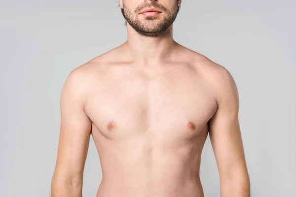 Tiro Cortado Homem Sem Camisa Isolado Cinza — Fotografia de Stock
