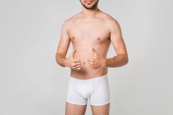 Partial View Man White Underwear Showing Thumbs Isolated Grey — Stock Photo, Image