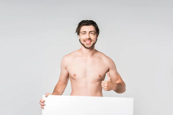 Portrait Smiling Shirtless Man Blank Banner Showing Thumb Isolated Grey — Free Stock Photo