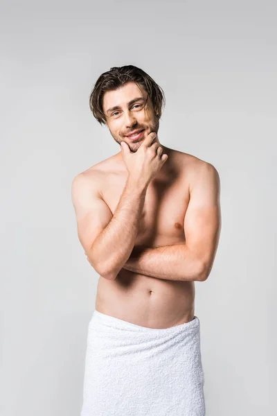 Portrait Handsome Man White Towel Looking Camera Isolated Grey — Free Stock Photo