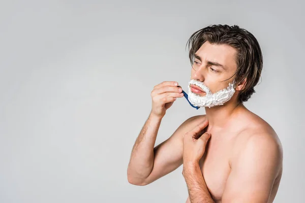 Side View Shirtless Man Foam Face Shaving Beard Isolated Grey — Stock Photo, Image