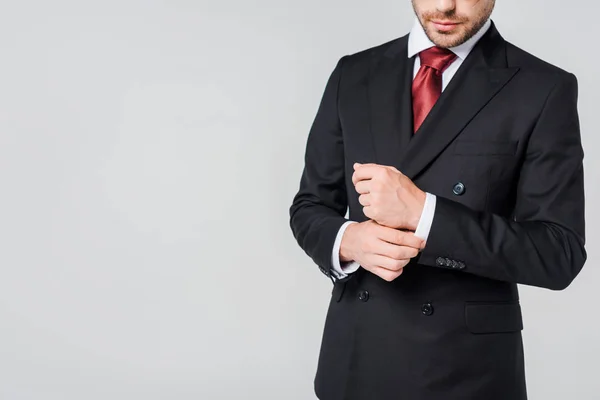 Recortado Tiro Hombre Negocios Traje Elegante Aislado Gris —  Fotos de Stock