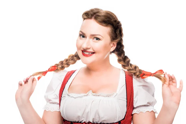 Atractiva Camarera Oktoberfest Vestido Alemán Tradicional Mostrando Coletas Aisladas Sobre — Foto de Stock