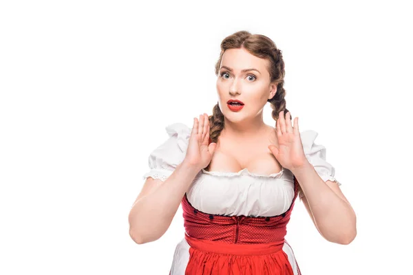 Shocked Oktoberfest Waitress Traditional Bavarian Dress Gesturing Hands Isolated White — Free Stock Photo