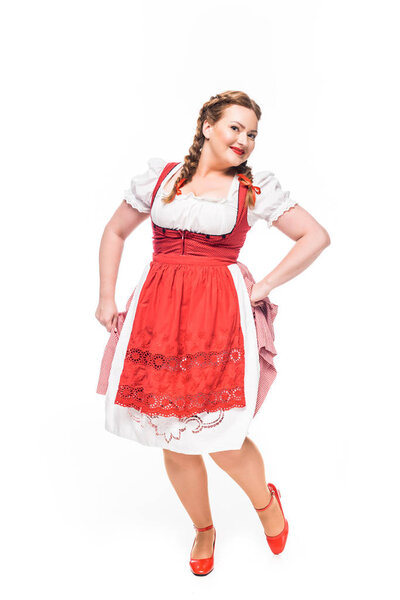 happy oktoberfest waitress in traditional bavarian dress isolated on white background