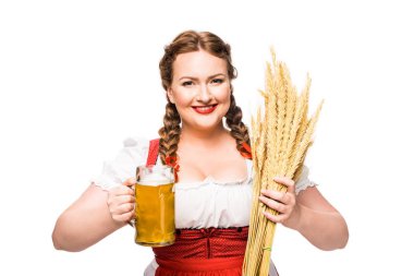 oktoberfest waitress in traditional bavarian dress with mug of light beer and wheat isolated on white background clipart