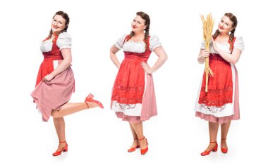 smiling oktoberfest waitress in traditional bavarian dress in three different positions isolated on white background clipart