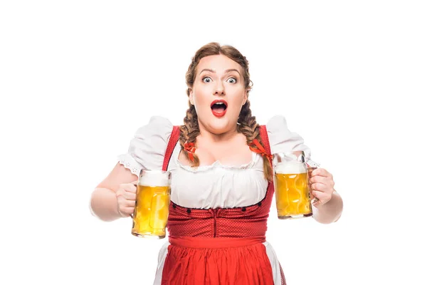 Shocked Oktoberfest Waitress Traditional Bavarian Dress Mugs Light Beer Isolated — Stock Photo, Image