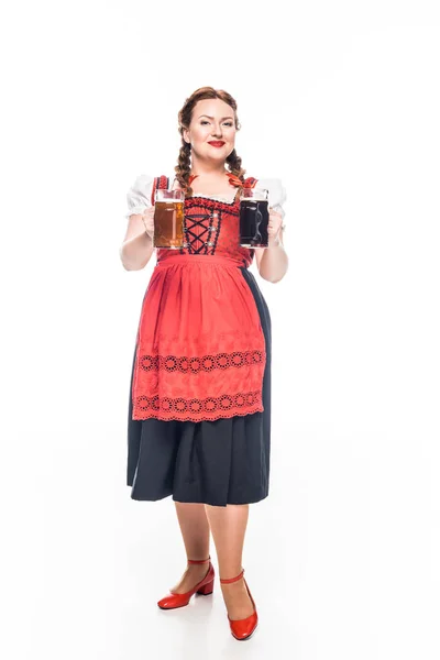 Attractive Oktoberfest Waitress Traditional Bavarian Dress Showing Mugs Light Dark — Stock Photo, Image