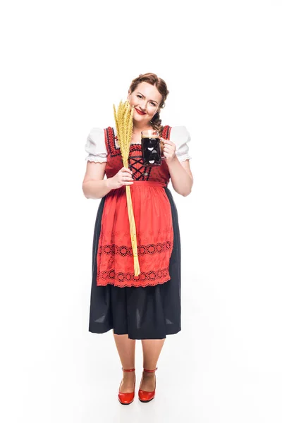 Happy Oktoberfest Waitress Traditional German Dress Holding Wheat Mug Brown — Free Stock Photo