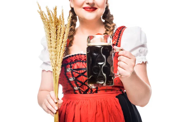 Bijgesneden Afbeelding Van Oktoberfest Serveerster Traditionele Beierse Kleding Bedrijf Mok — Gratis stockfoto