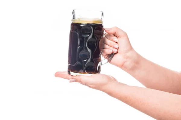 Cropped Image Woman Holding Mug Dark Beer Isolated White Background — Free Stock Photo