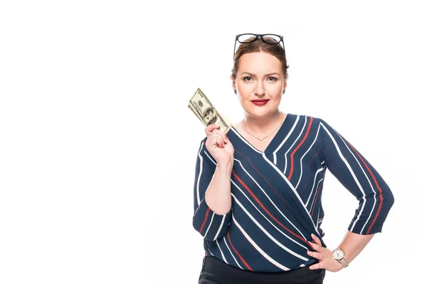 Красива Бізнес Леді Тримає Доларові Банкноти Ізольовані Білому Тлі — стокове фото