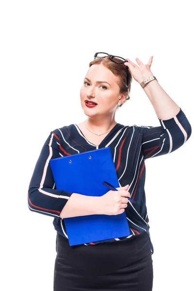 Attractive Businesswoman Clipboard Pen Adjusting Eyeglasses Head Isolated White Background — Stock Photo, Image