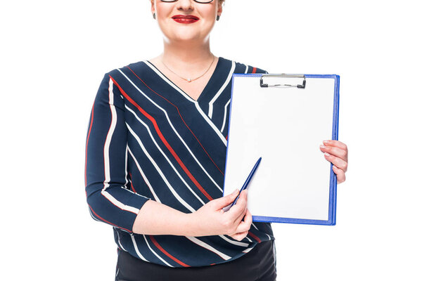 cropped image of businesswoman pointing by pen at blank clipboard isolated on white background 
