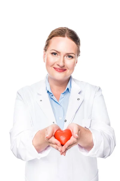 Smiling Female Doctor White Coat Showing Heart Symbol Isolated White — Stock Photo, Image