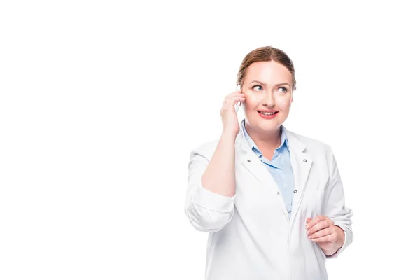 Smiling Female Doctor Talking Smartphone Isolated White Background — Free Stock Photo