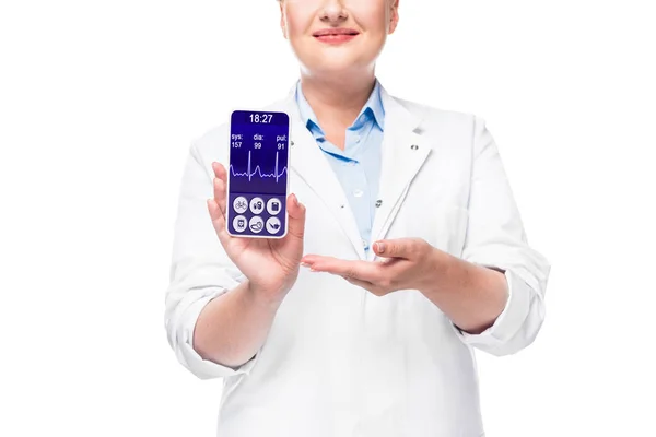 Cropped Image Female Doctor Pointing Smartphone Heart Rate Monitor Screen — Stock Photo, Image