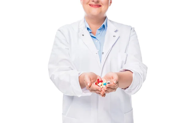 Cropped Image Female Doctor Eyeglasses Showing Pills Isolated White Background — Free Stock Photo
