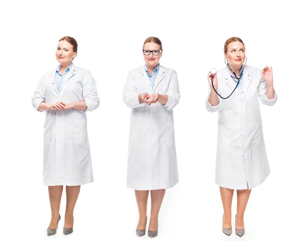 Femme Médecin Avec Des Pilules Stéthoscope Dans Trois Positions Différentes — Photo