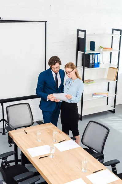 High Angle View Successful Business Partners Discussing Papers Modern Office — Stock Photo, Image