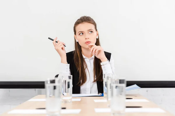 Thoughtful Young Businesswoman Sitting Conference Hall Modern Office — Stock Photo, Image