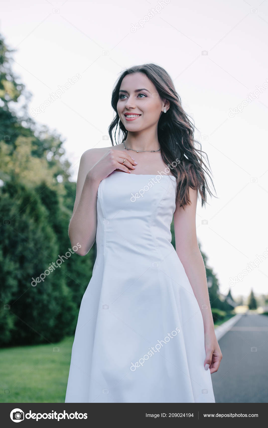 Happy Beautiful Bride Posing Traditional White Wedding Dress