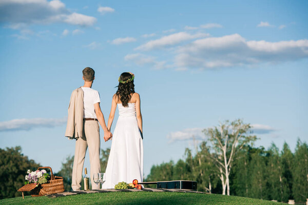 back view of wedding couple holding hands on picnic with guitar