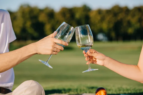 Vue Recadrée Couple Cliquetis Avec Verres Vin Sur Pique Nique — Photo gratuite