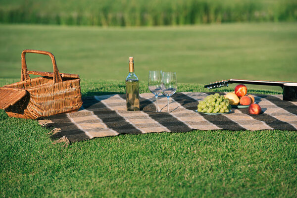 Picnic with wicker basket, white wine, fruits and acoustic guitar on blanket on green lawn — Stock Image Picnic Wicker Basket White Wine Fruits Acoustic Guitar Blanket Green Royalty Free Stock Photos
