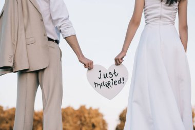 Sadece evli yazıt ile kalp tutan genç düğün çift kırpılmış atış 