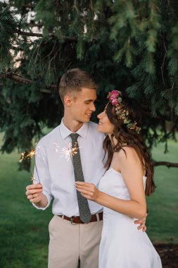 Havai fişekleri holding ve diğer her gülümseyen güzel romantik genç düğün çifti