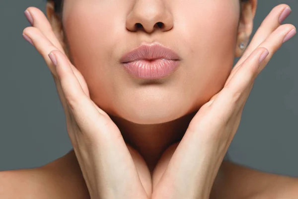 Partial View Woman Hands Cheeks Duck Face Isolated Grey — Stock Photo, Image