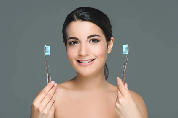 Portrait Beautiful Woman Holding Tooth Brushes Isolated Grey — Stock Photo, Image